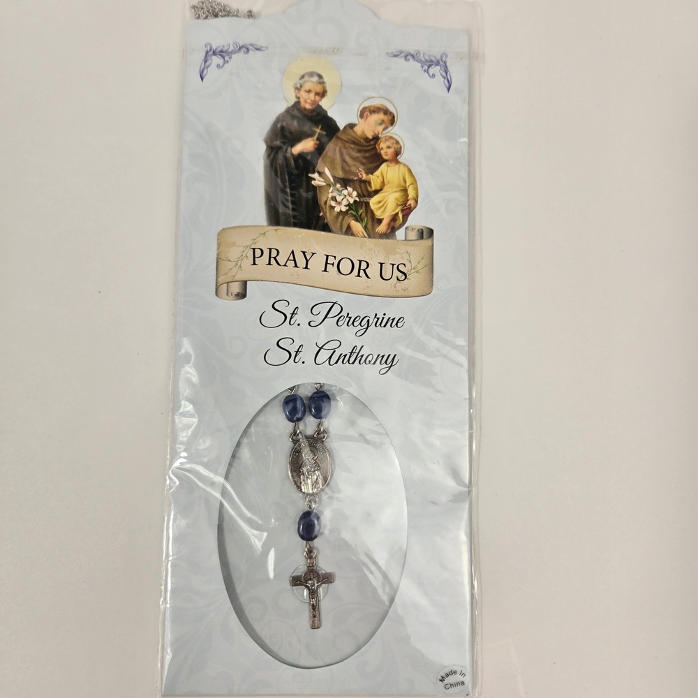 St Peregrine St Anthony Rosary Necklace Blue Beads Silver Tone Crucifix New